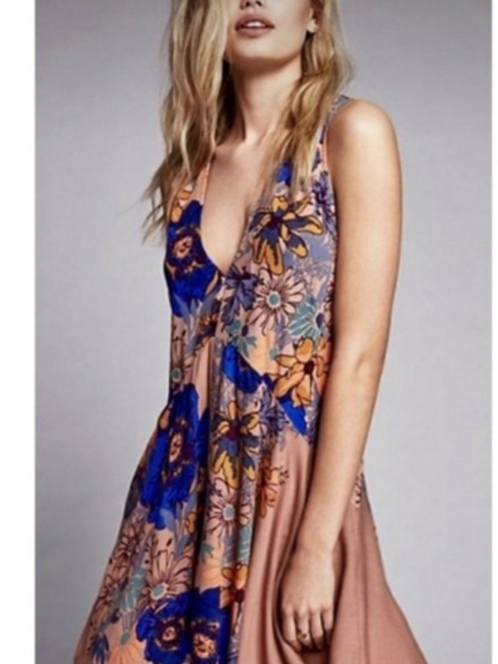 Free PEOPLE Floral V-Neck Maxi Dress in Peach and Royal Blue SIZE S